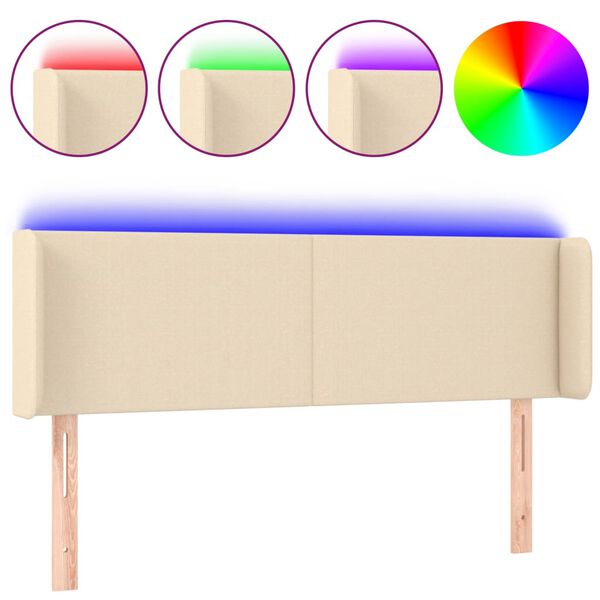 vidaXL sengegavl med LED-lys 147x16x78/88 cm stof cremefarvet