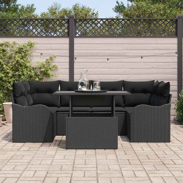vidaXL Havesofa Sæt med pude 7 pcs Sort Poly rattan