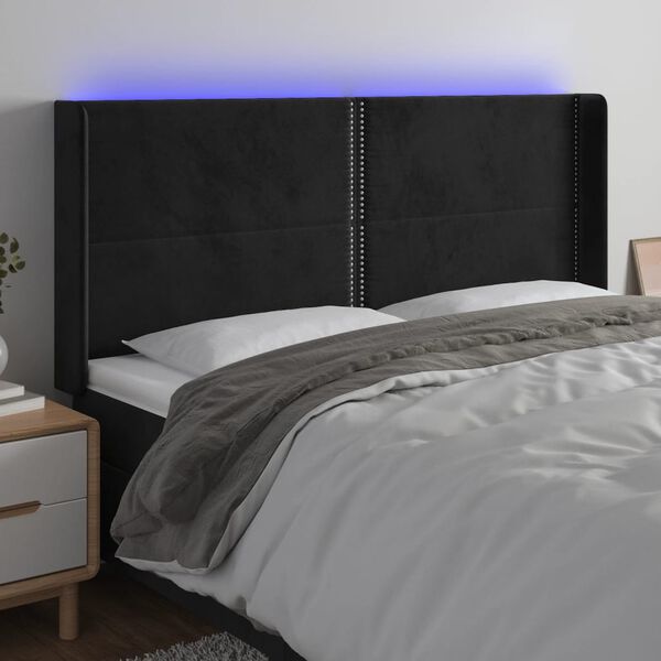 vidaXL sengegavl med LED-lys 183x16x118/128 cm fl&oslash;jl sort