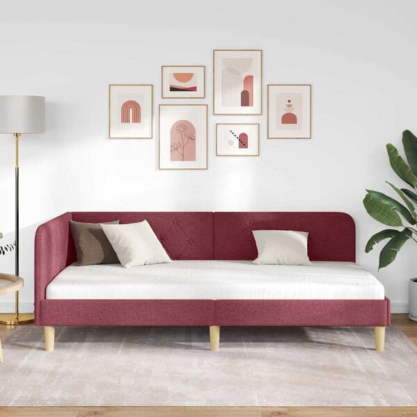 vidaXL Hjørnesengramme med hovedgærde Vinrød 90 x 190 cm Stof