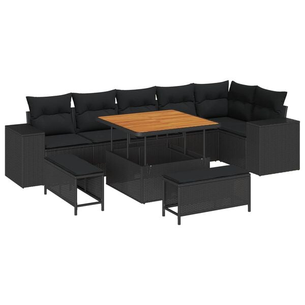vidaXL Havesofa S&aelig;t med pude 9 pcs Sort polyrattan