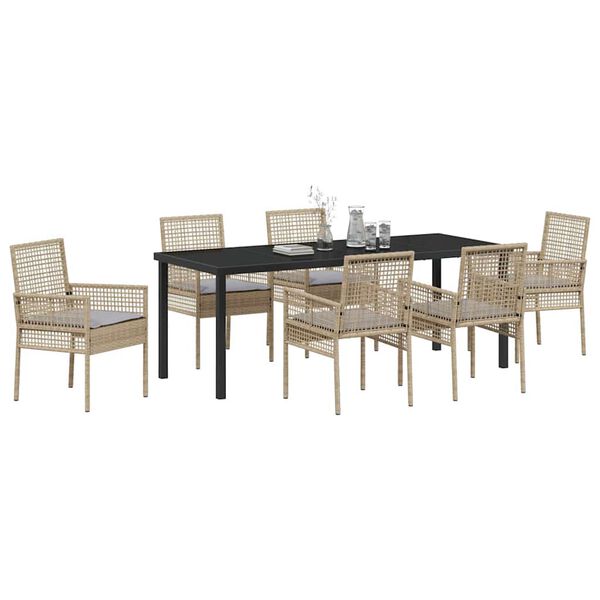 vidaXL Have Spisebordss&aelig;t med pude 7 pcs Beige polyrattan