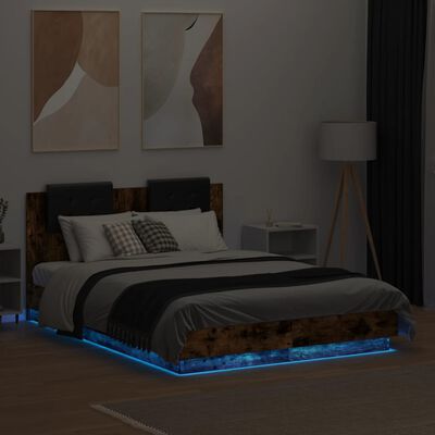 vidaXL sengeramme med sengegavl og LED-lys 120x190 cm røget egetræ