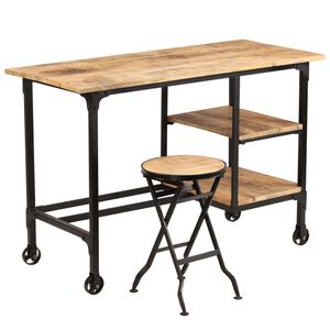 vidaXL skrivebord med foldbar taburet massivt mangotr&aelig; 115 x 50 x 76 cm