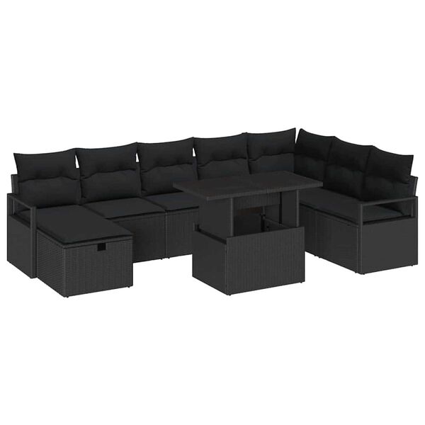 vidaXL Havesofa S&aelig;t med pude med opbevaring 9 pcs Sort Poly rattan