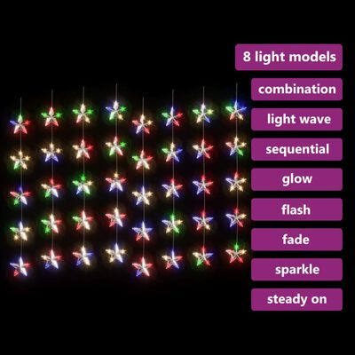 vidaXL LED-lysgardin m. stjerner 200 LED'er 8 funktioner farverigt lys