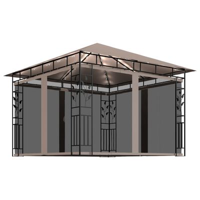vidaXL pavillon med myggenet og LED-lyskæder 3x3x2,73 m gråbrun