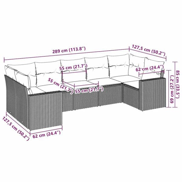 vidaXL sofasæt til haven 7 dele med hynder polyrattan brun