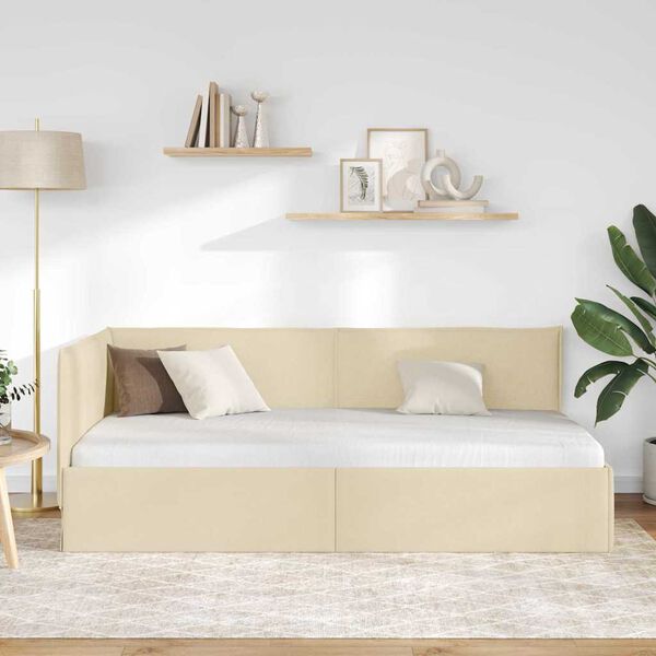 vidaXL Hjørnesengramme med hovedgærde Creme 90 x 200 cm Stof