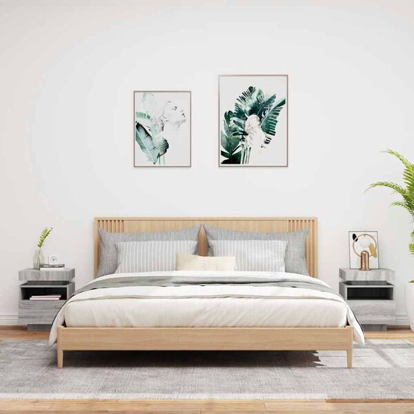 vidaXL sengeborde 2 stk. med LED-lys 40x39x48,5 cm gr&aring; sonoma-eg