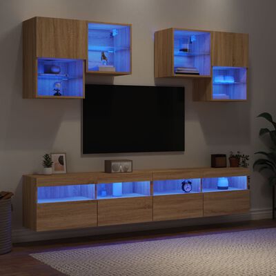 vidaXL væghængt tv-møbel 6 dele med LED-lys sonoma-eg