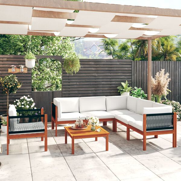 vidaXL 7-delt havemøbelsæt med hynder cremefarvet træ akacie og reb