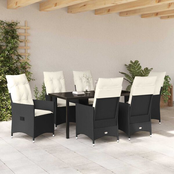 vidaXL Have Spisebordssæt med pude 7 pcs Sort polyrattan