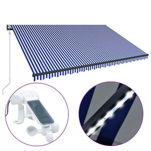 vidaXL markise med vindsensor og LED 500x300 cm bl&aring; og hvid