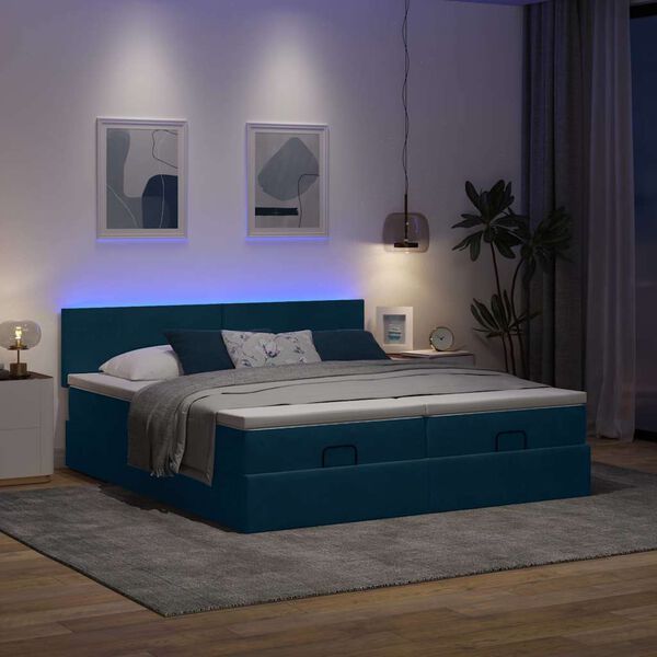 vidaXL Ottoman seng med madrasser & LEDs M&oslash;rkebl&aring; 200x200cm Fl&oslash;jl