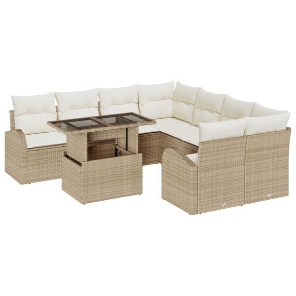 vidaXL Havesofa S&aelig;t med pude med opbevaring 9 pcs Beige Poly Rattan