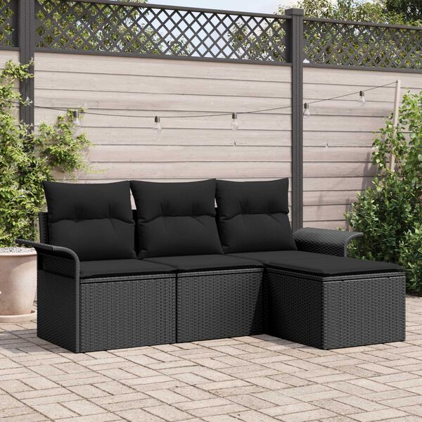 vidaXL Havesofa Sæt med pude med opbevaring 4 pcs Sort Poly rattan