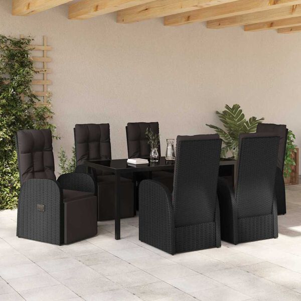 vidaXL Have Spisebordss&aelig;t med pude 7 pcs Sort polyrattan
