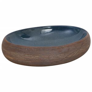 vidaXL h&aring;ndvask til bordplade 59x40x15 cm oval keramik brun og bl&aring;
