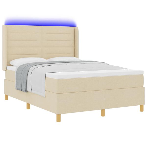 vidaXL Box spring seng med LED-lysstrimler Creme 140 x 190 cm Stof