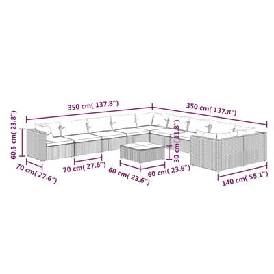 vidaXL loungesæt til haven 11 dele med hynder polyrattan brun