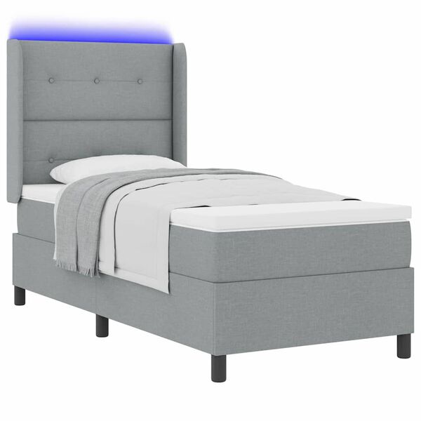 vidaXL LED Box Spring Bed med madras Lysegr&aring; 90 x 190 cm Stof