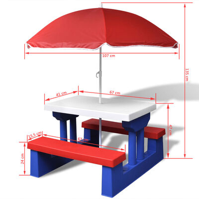 vidaXL bord- og bænkesæt til børn med parasol flerfarvet