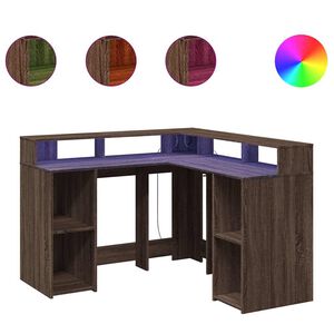 vidaXL skrivebord med LED-lys 130x130x91 cm konstrueret tr&aelig; brunt eg