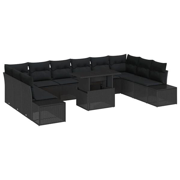 vidaXL Havesofa Sæt med opbevaring 11 pcs Sort Poly rattan