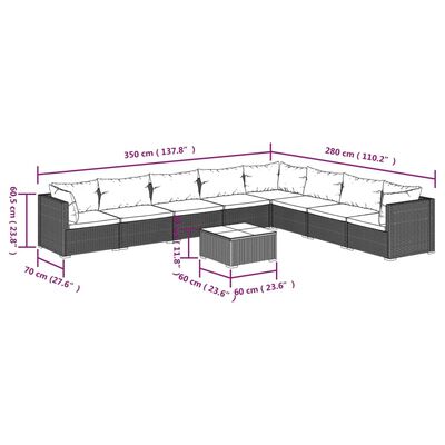 vidaXL loungesæt til haven 9 dele med hynder polyrattan brun