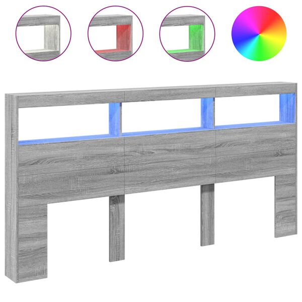 vidaXL sengegavl med opbevaring og LED-lys 200x17x102 cm gr&aring; sonoma-eg