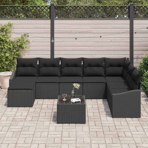 vidaXL Sofa Sæt med pude 9 pcs Sort polyrattan