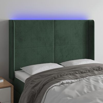 vidaXL sengegavl med LED-lys 147x16x118/128 cm fløjl mørkegrøn