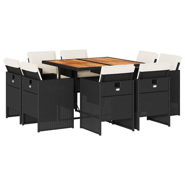 vidaXL spisebordss&aelig;t til haven 9 dele med hynder polyrattan sort