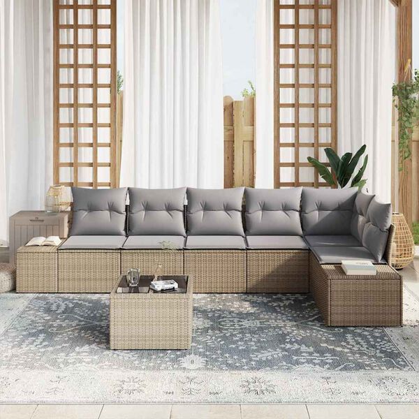 vidaXL Havesofa S&aelig;t med pude 7 pcs Beige og gr&aring; polyrattan
