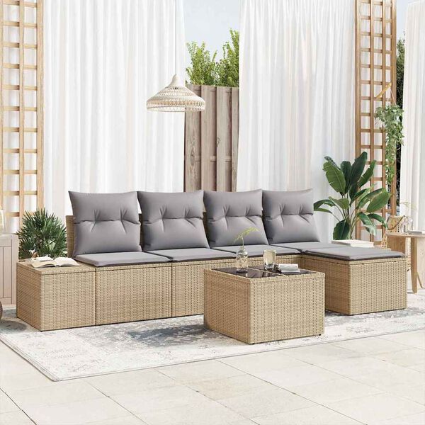 vidaXL Havesofa S&aelig;t med pude 6 pcs Beige polyrattan