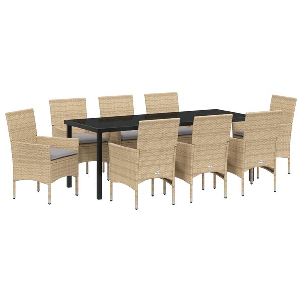 vidaXL Have Spisebordss&aelig;t med pude 9 pcs Beige polyrattan
