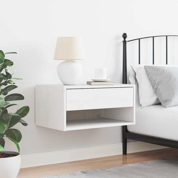 vidaXL Sengebord med skuffe Hvid 50 x 32,5 x 24 cm Massivt fyrretræ