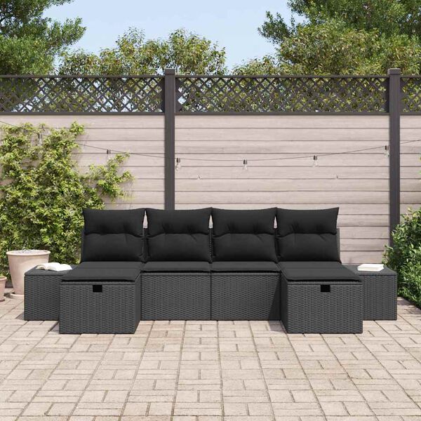vidaXL Havesofa S&aelig;t med pude 6 pcs Sort polyrattan