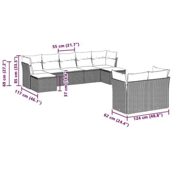 vidaXL sofas&aelig;t til haven 9 dele med hynder polyrattan lysegr&aring;