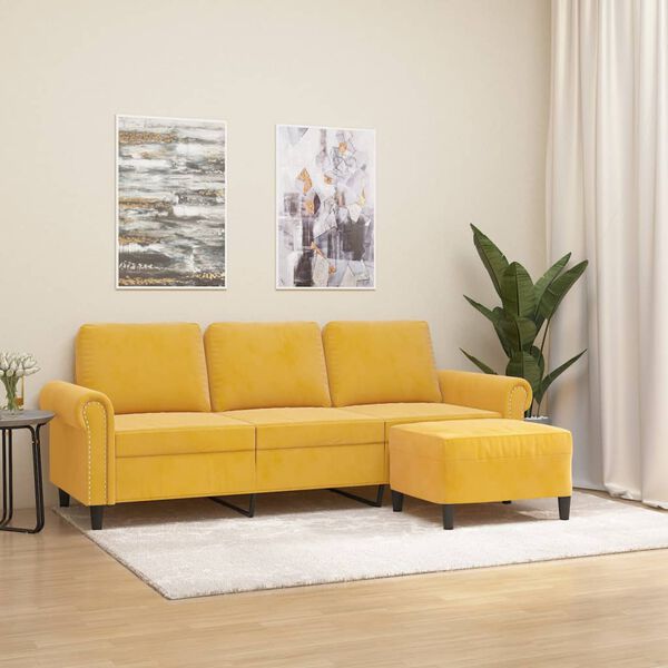 vidaXL 3-personers sofa med fodskammel 180 cm velour lysegul
