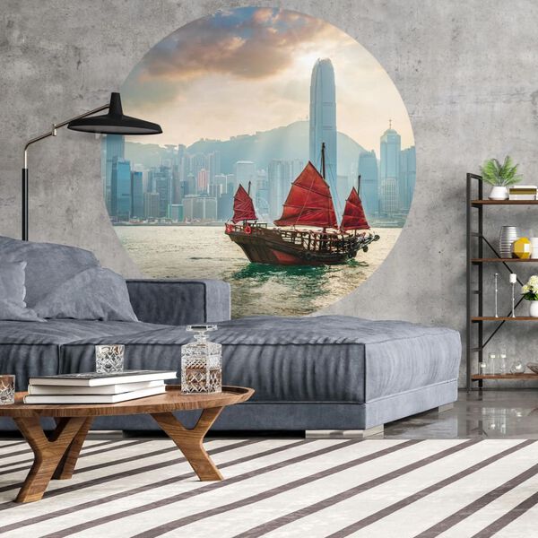 WallArt tapetcirkel Skyline with Junk Boat 190 cm