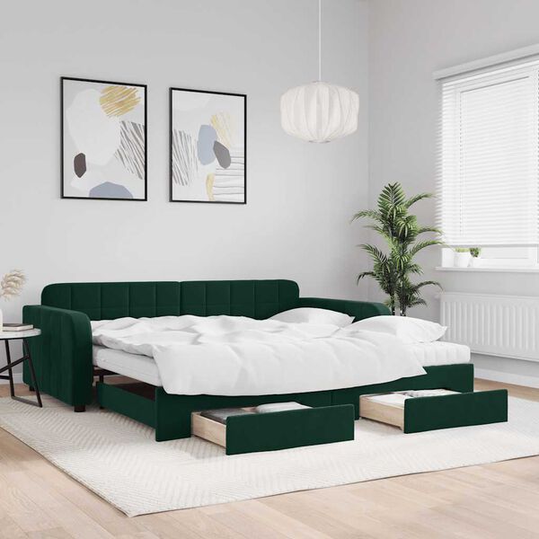 vidaXL daybed med udtræk og skuffer 100x200 cm velour mørkegrøn