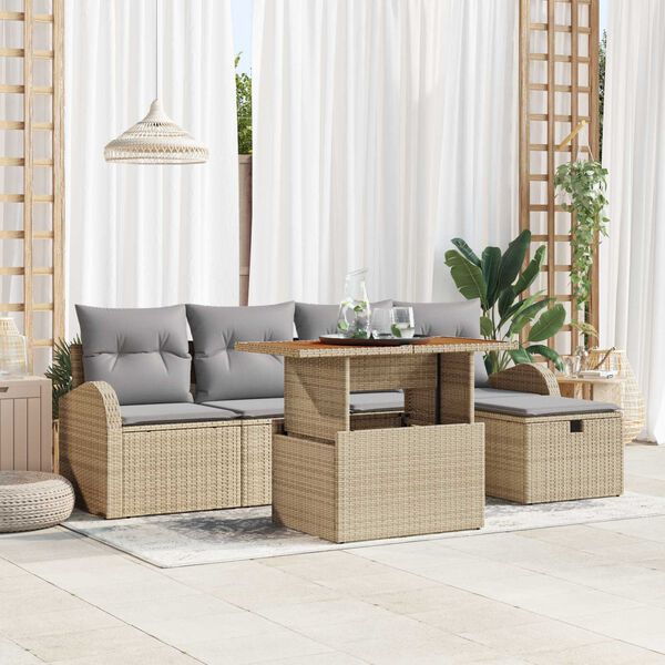 vidaXL Havesofa Sæt med pude med opbevaring 6 pcs Beige Poly rattan