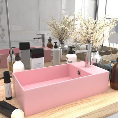 vidaXL håndvask med overløb til badeværelse keramisk mat lyserød