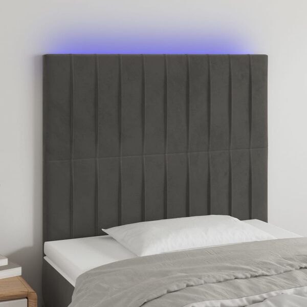 vidaXL sengegavl med LED-lys 80x5x118/128 cm fl&oslash;jl m&oslash;rkegr&aring;