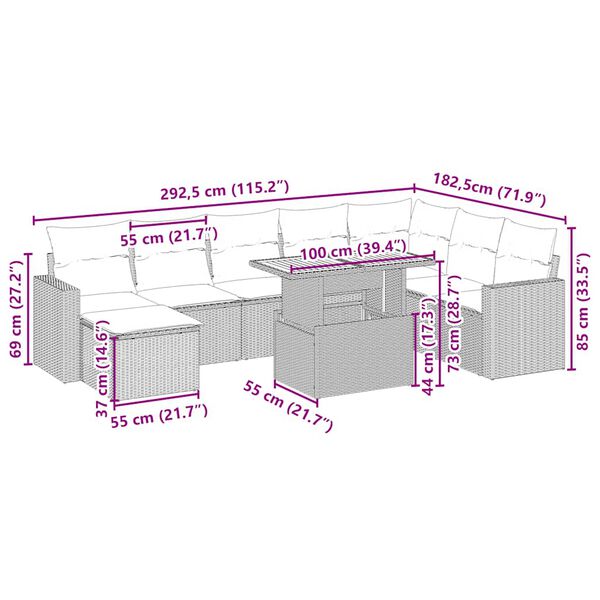vidaXL sofas&aelig;t til haven 9 dele med hynder polyrattan beige