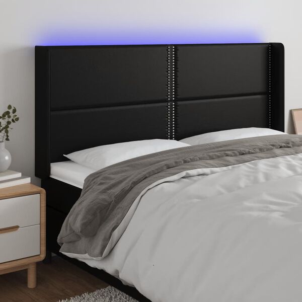 vidaXL sengegavl med LED-lys 163x16x118/128 cm kunstl&aelig;der sort