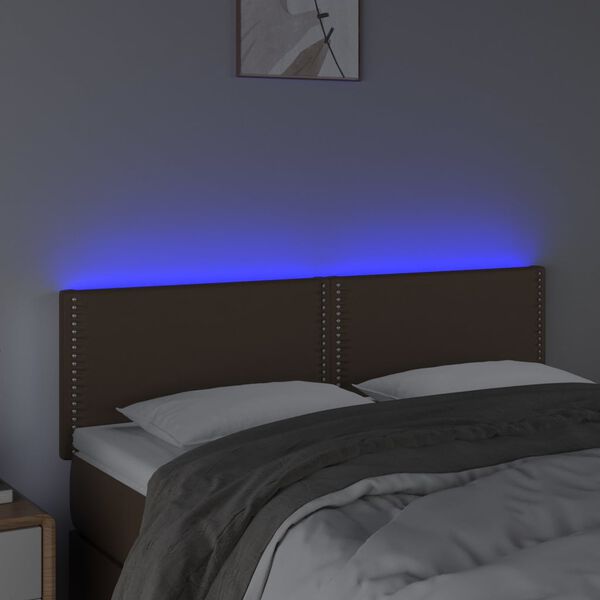 vidaXL sengegavl med LED-lys 144x5x78/88 cm kunstl&aelig;der brun