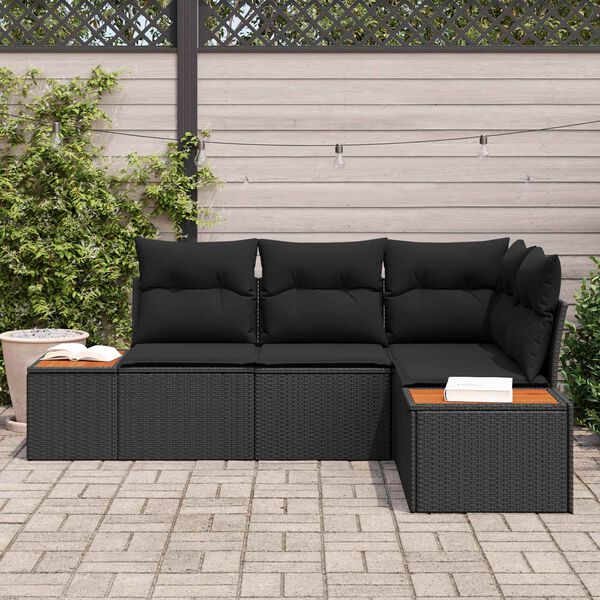 vidaXL Havesofa S&aelig;t med pude med opbevaring 4 pcs Sort Polyrattan